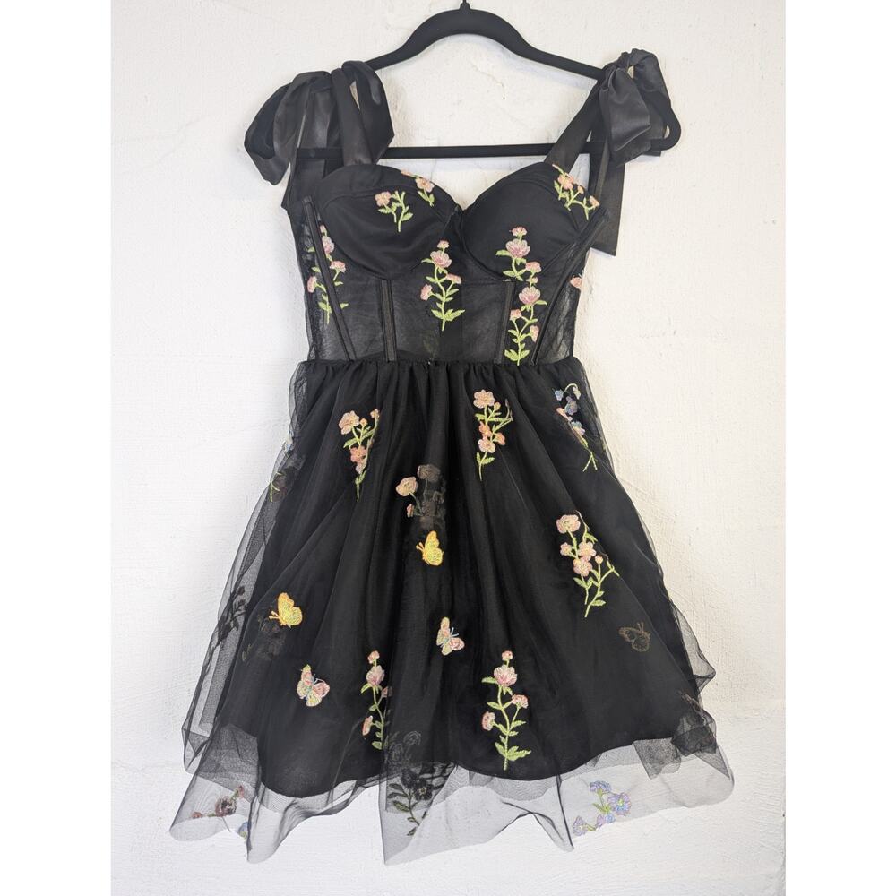 Black Mesh Floral Party Dress Dark Coquette Embroidered City Studio Juniors 1